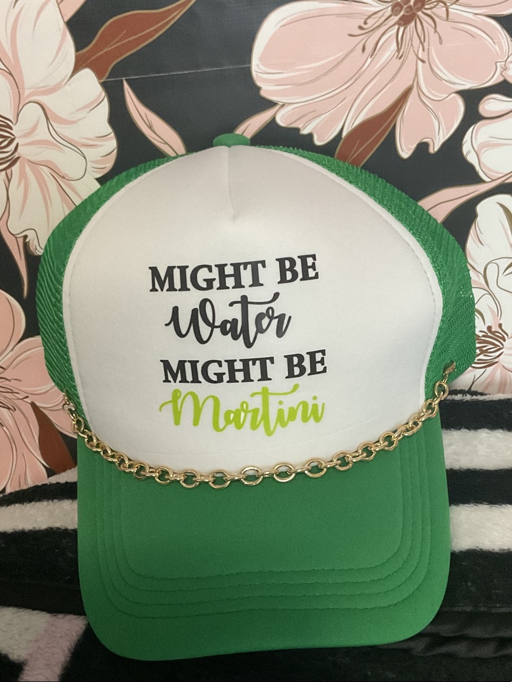 Might Be Water Might Be Martini Green & White Trucker Hat with Gold Chain